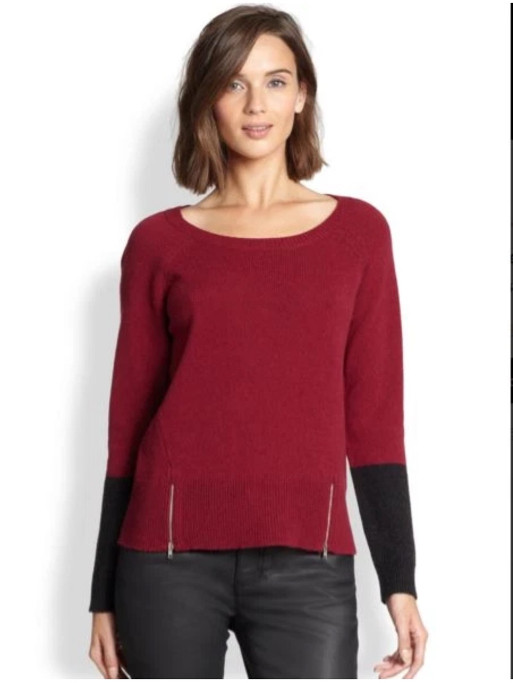 Eileen Fisher Sweater maroon & black Colorblock Jewel Neck cotton Blend Small